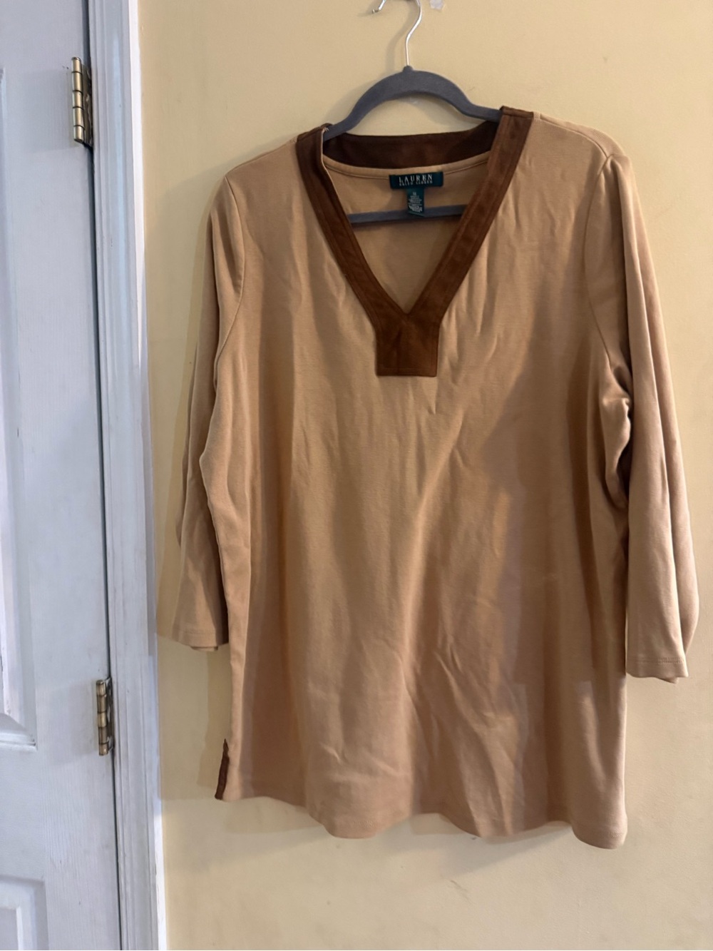 Lauren Ralph Lauren Tan V-Neck Tunic with Contrast Trim, 1X